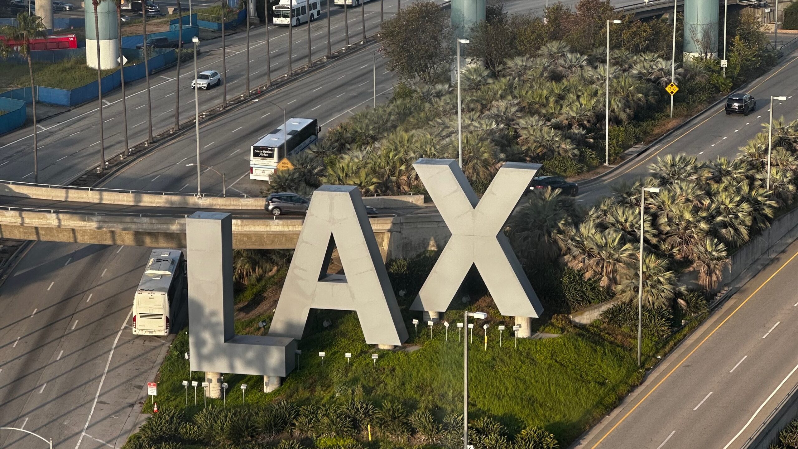 A view of the Los Angeles airport LAX sign from my hotel room at the H hotel curio