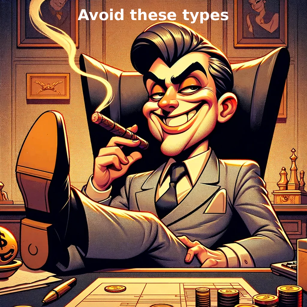 Sleazy company director sitting on a large chair with his feet on the desk smoking a cigar.